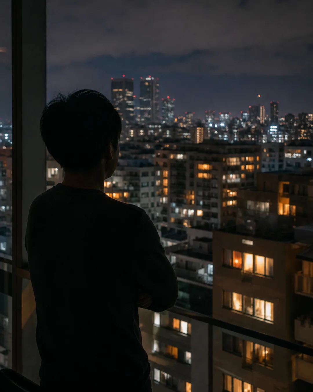夜の東京・住宅街の窓から街の灯りを見下ろす投資家のシルエット